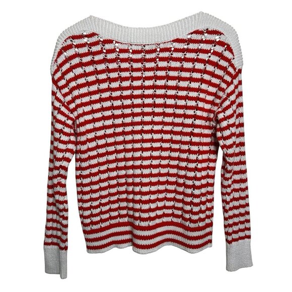 Loft Medium Stripe Open Weave Stitch Boatneck Sweater Red White Xmas Holiday Y2K - Picture 3 of 10